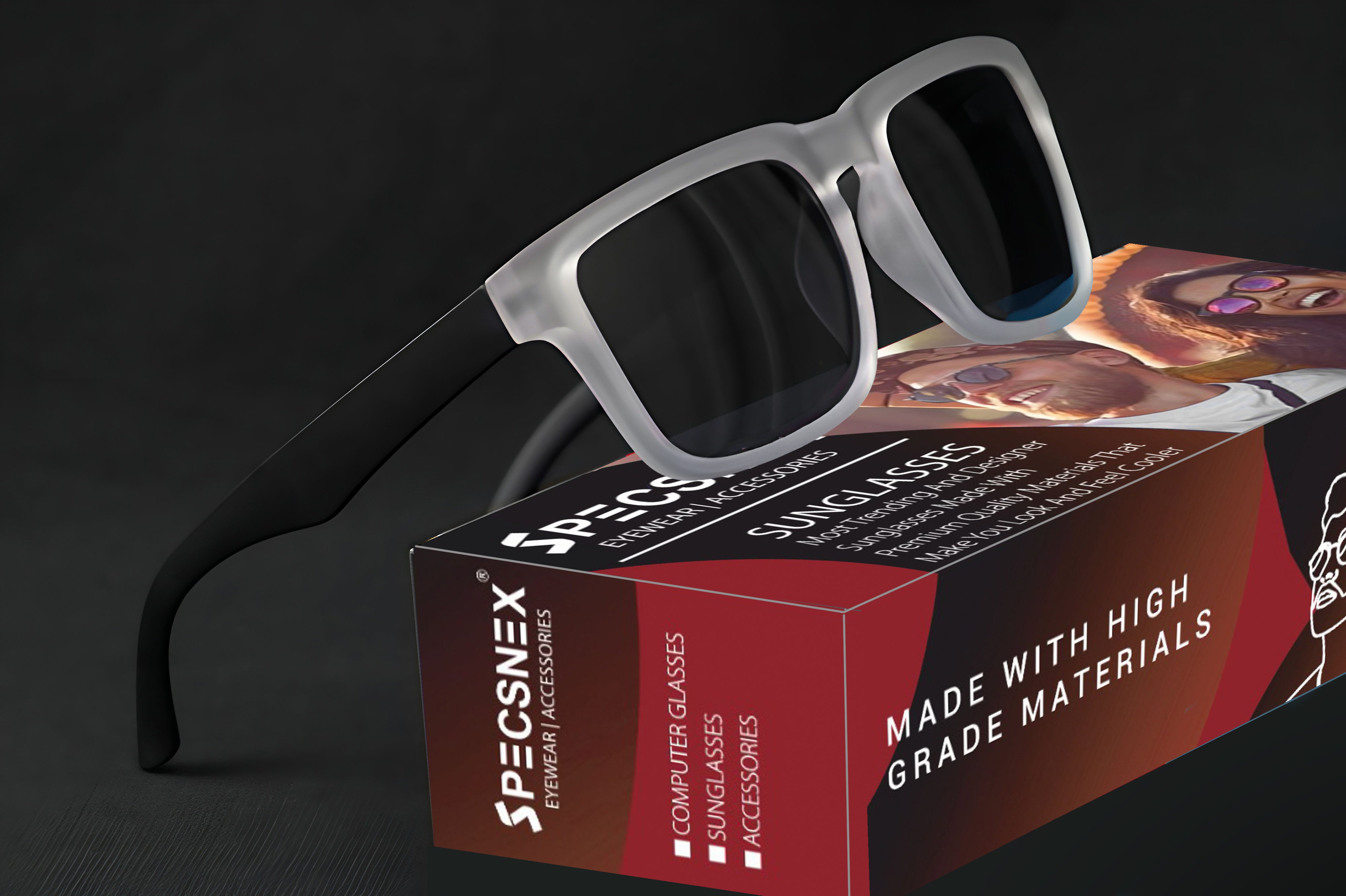 Specsnex Polarized UV400 Clear Front And Black Temples Square Sunglasses