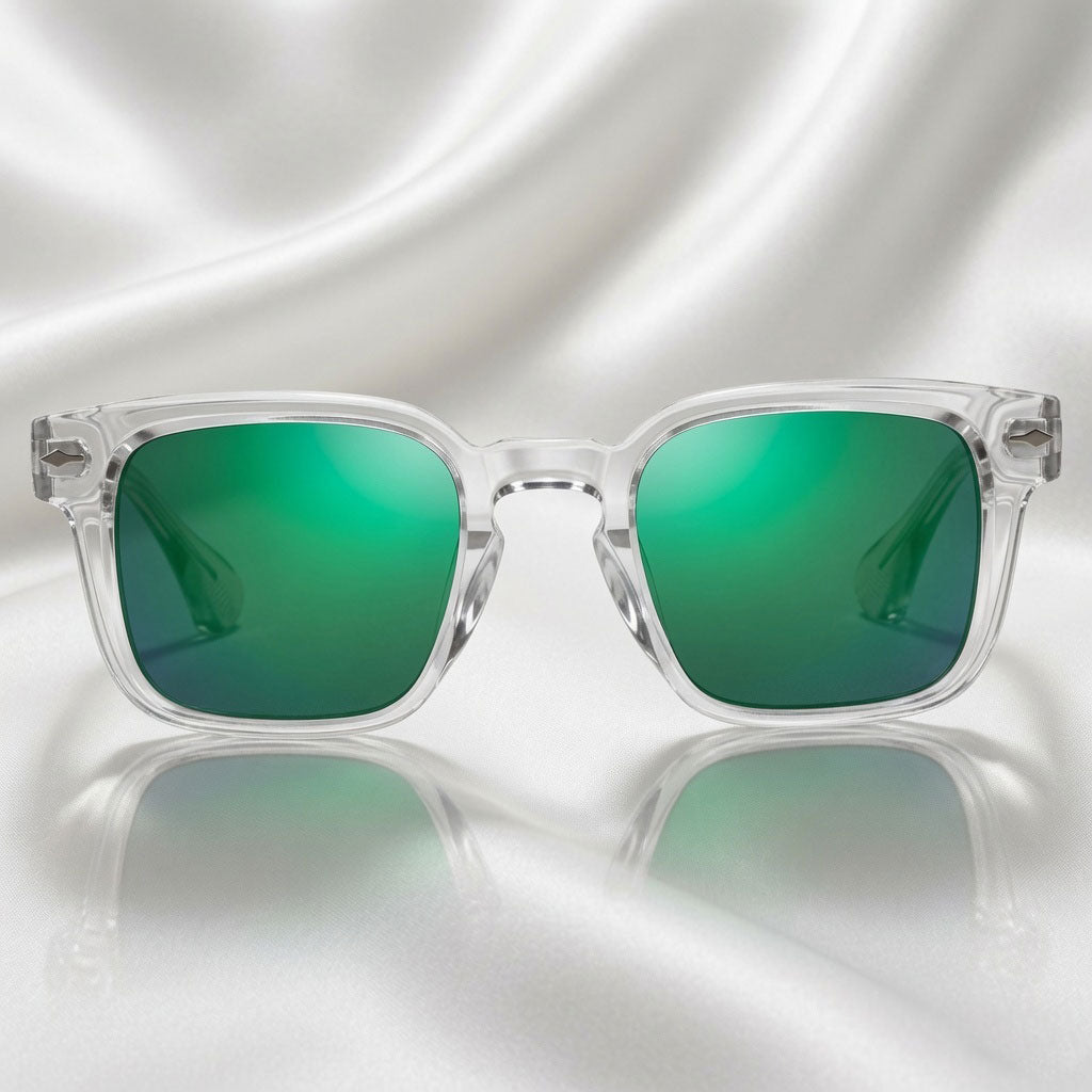 Specsnex x Thicker | Glossy Square Sunglasses | Clear TR90 Frame | Green Mirror 100% UV Lenses