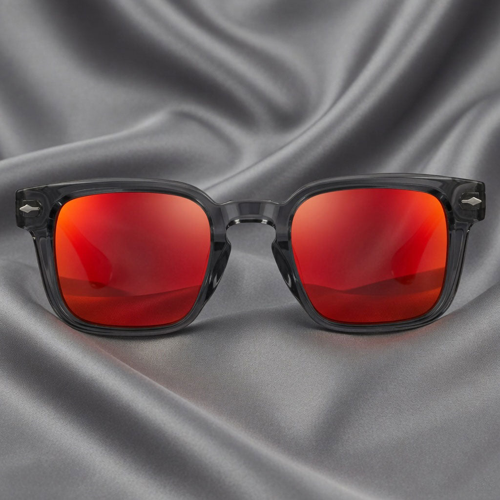 Specsnex x Thicker | Glossy Square Sunglasses | Dark Grey TR90 Frame | Red Mirror 100% UV Lenses