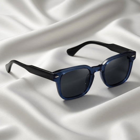 Specsnex x THICKER Sunglasses | Glossy Dark Navy Blue Front And Translucent Black Square TR90 Frame With 100% UV Protected Black Lenses
