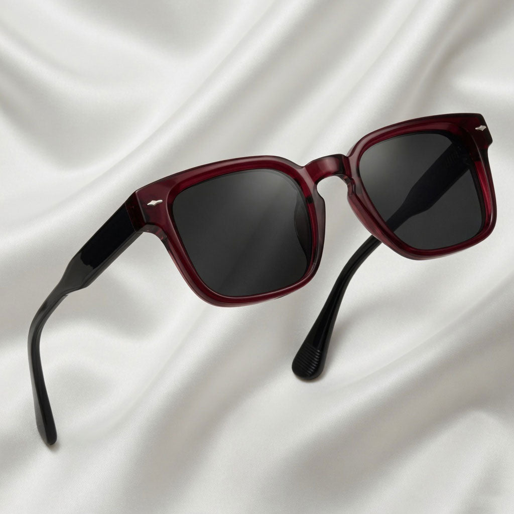Specsnex x Thicker | Glossy Square Sunglasses | Dark Maroon & Translucent Black TR90 Frame | 100% UV Protection