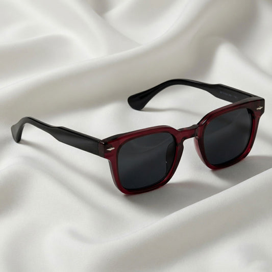 Specsnex x THICKER Sunglasses | Glossy Dark Maroon Front And Translucent Black Temples | Square TR90 Frame With 100% UV Protected Black Lenses