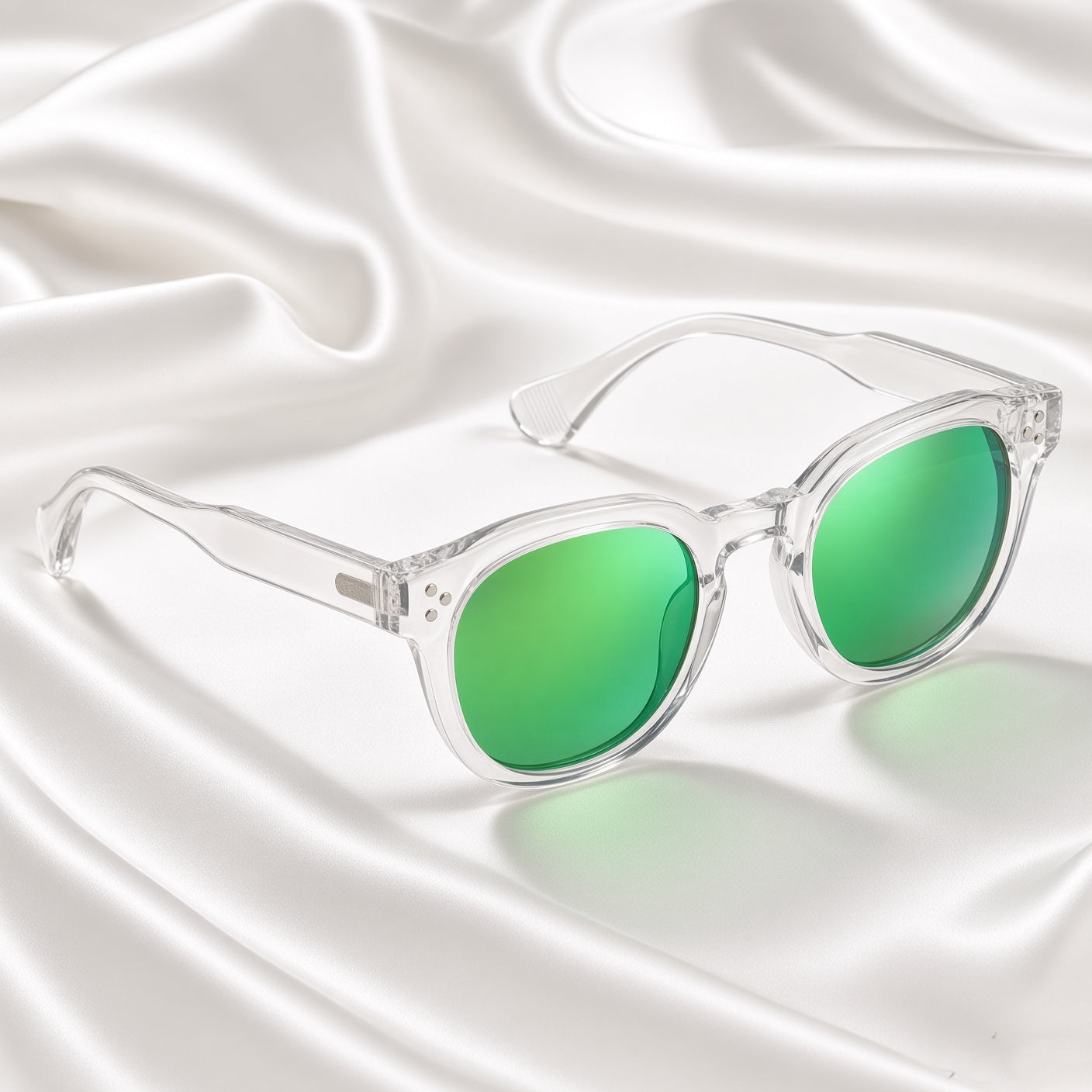 Specsnex x Robust | Glossy Round Sunglasses | Transparent TR90 Frame | Green Mirror 100% UV Lenses