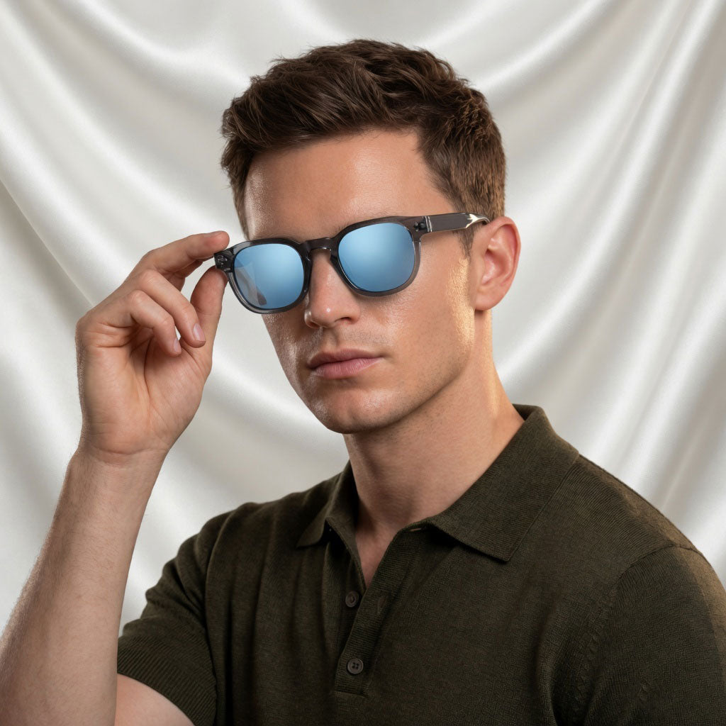 Specsnex x Robust | Glossy Round Sunglasses | Dark Grey TR90 Frame | Blue Mirror 100% UV Lenses