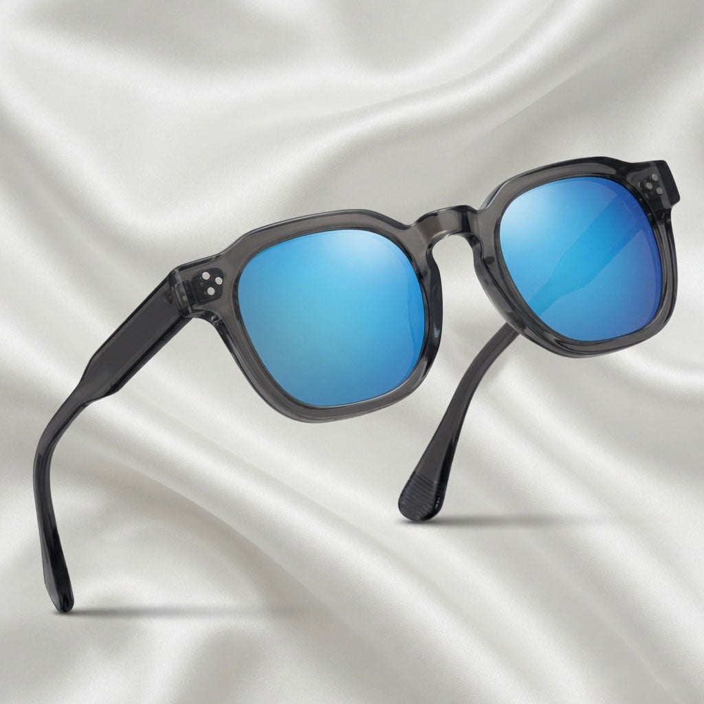 Specsnex x Robust | Glossy Round Sunglasses | Dark Grey TR90 Frame | Blue Mirror 100% UV Lenses