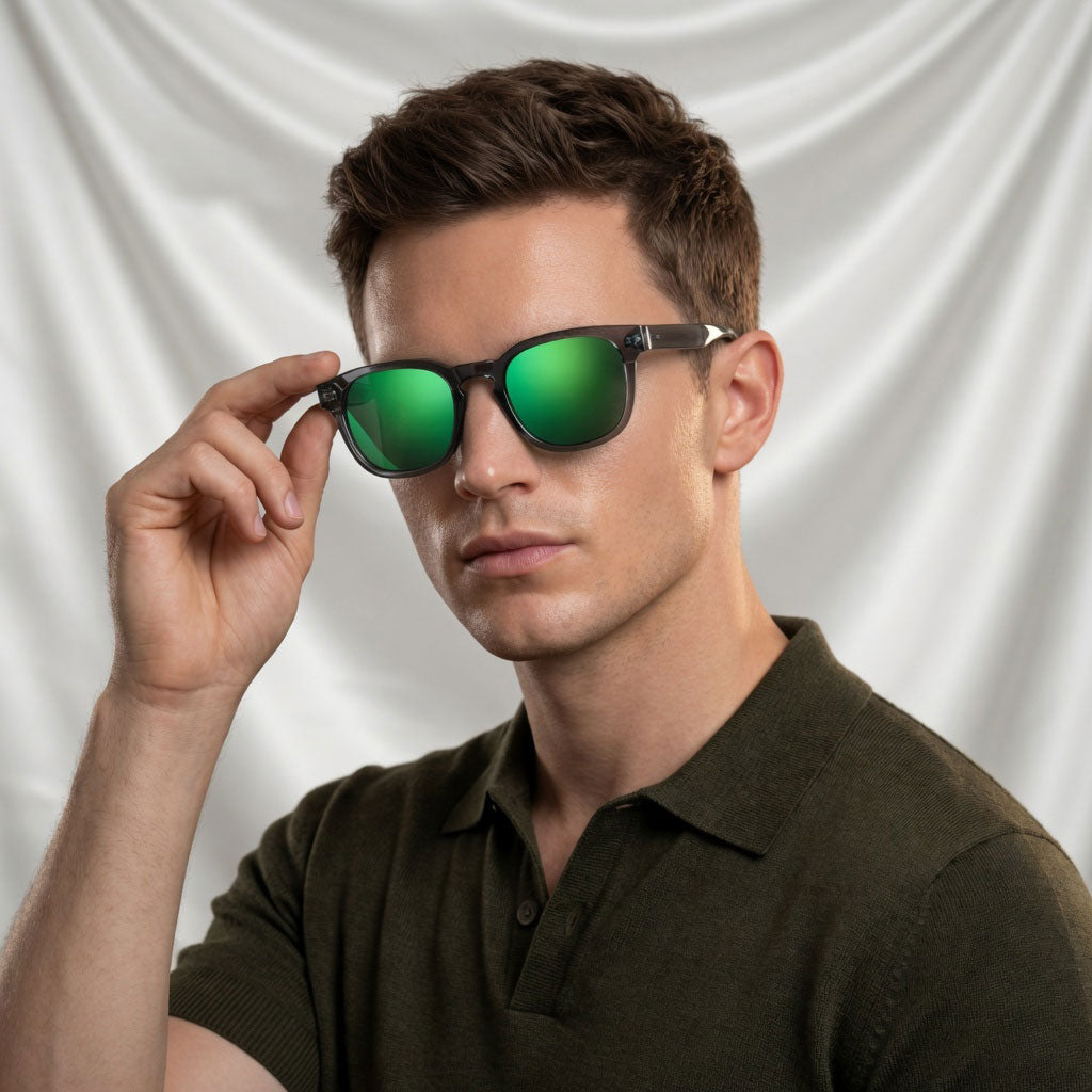 Specsnex x Robust | Glossy Round Sunglasses | Dark Grey TR90 Frame | Green Mirror 100% UV Lenses