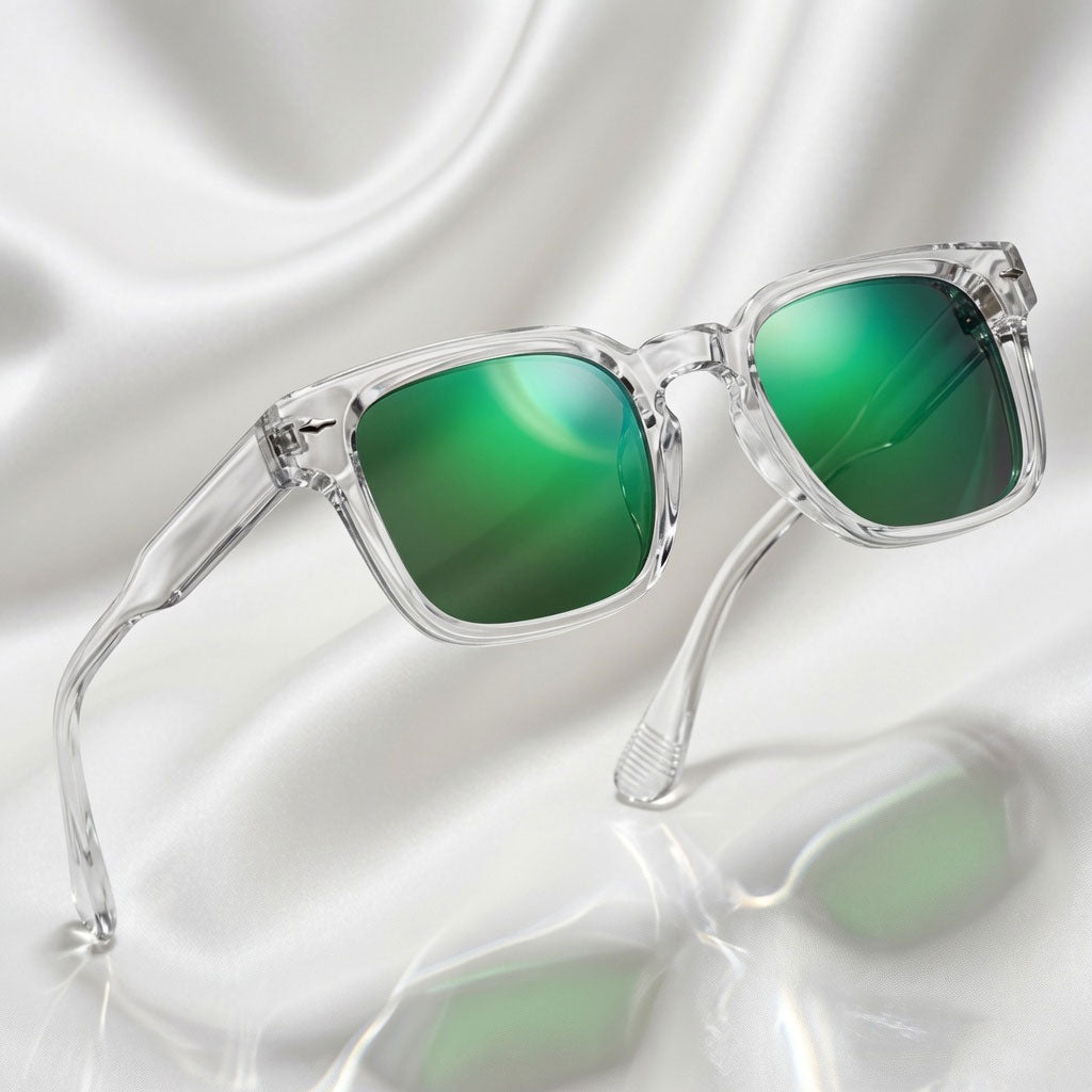 Specsnex x Thicker | Glossy Square Sunglasses | Clear TR90 Frame | Green Mirror 100% UV Lenses