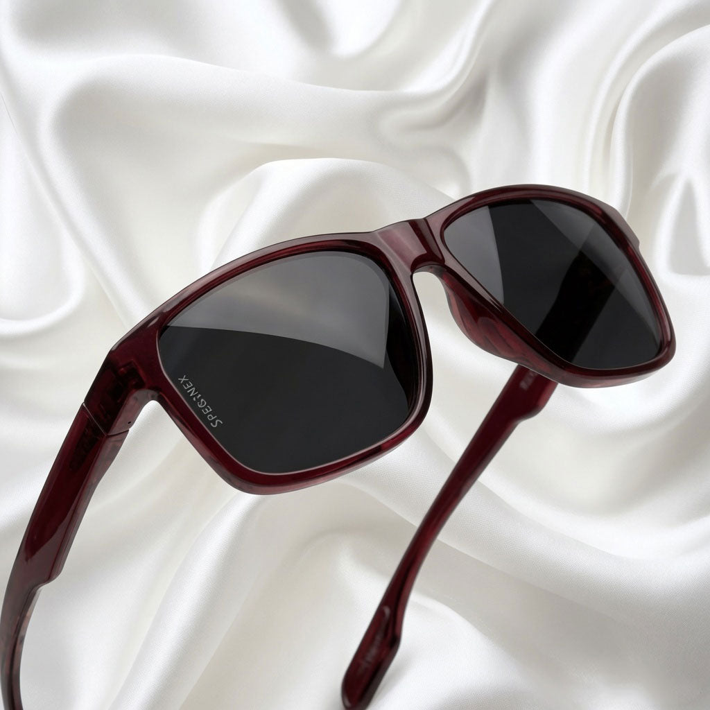 Specsnex x Crimson | Square Dark Maroon TR90 Glossy Frame With Black 100% UV Protected Lenses