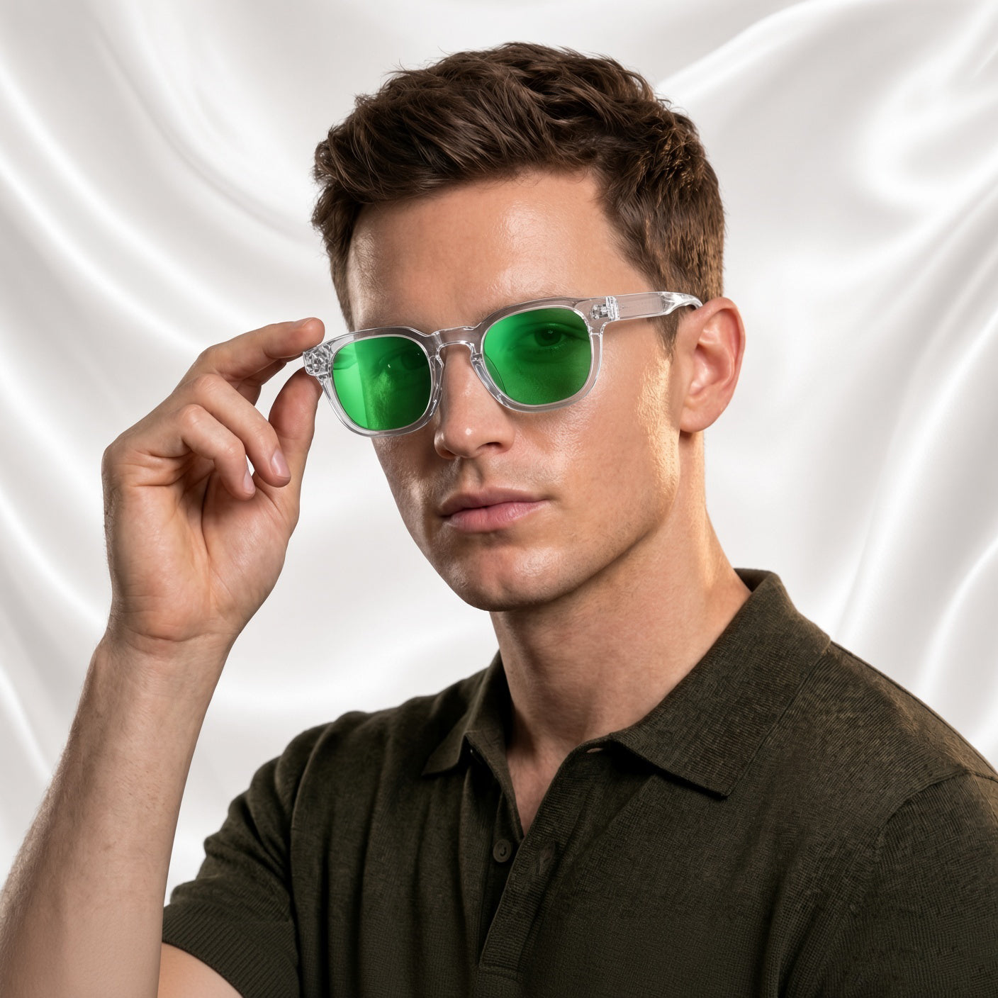 Specsnex x Robust | Glossy Round Sunglasses | Transparent TR90 Frame | Green Mirror 100% UV Lenses