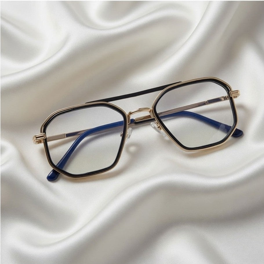 Specsnex x King | Square Metal Sunglasses | Gold & Black Frame | Clear 100% UV Lenses