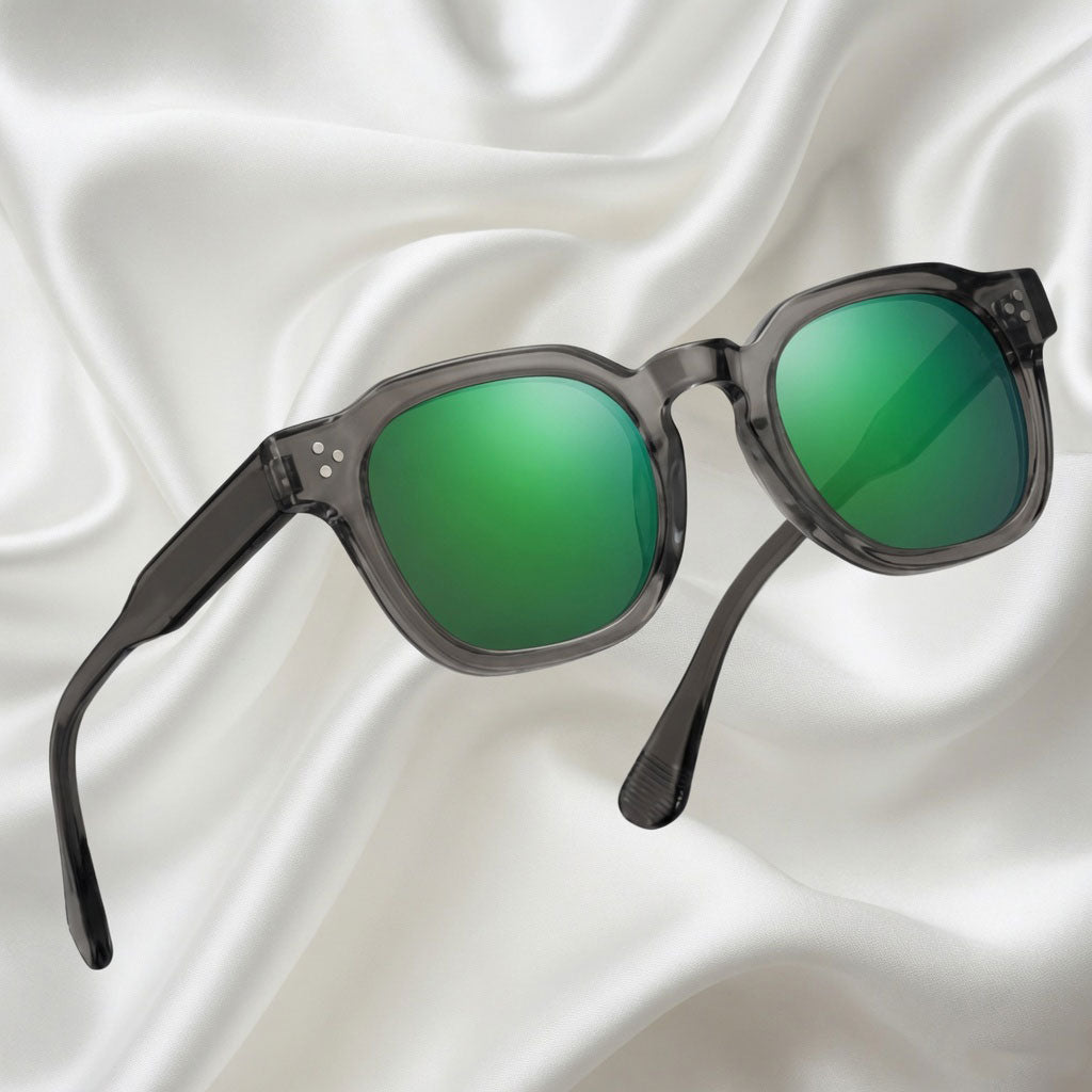 Specsnex x Robust | Glossy Round Sunglasses | Dark Grey TR90 Frame | Green Mirror 100% UV Lenses