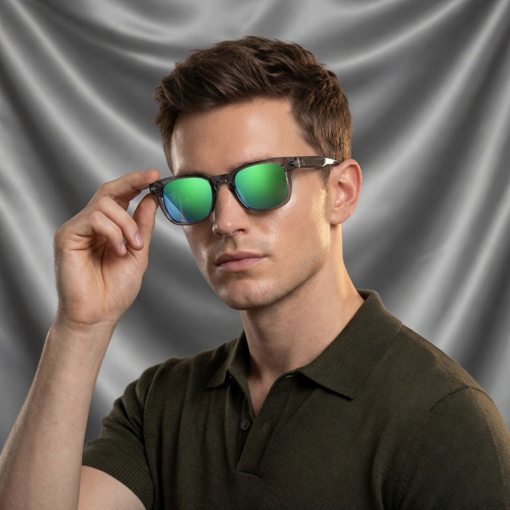 Specsnex x Thicker | Glossy Square Sunglasses | Dark Grey TR90 Frame | Green Mirror 100% UV Lenses