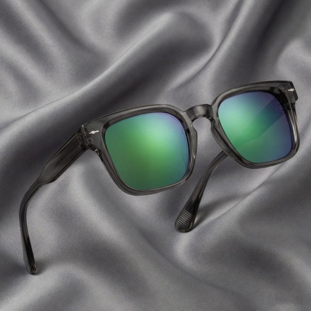Specsnex x Thicker | Glossy Square Sunglasses | Dark Grey TR90 Frame | Green Mirror 100% UV Lenses
