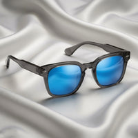 Specsnex x THICKER Sunglasses | Dark Grey Frame Blue Mirror Lenses | Glossy Square TR90 Frame With 100% UV Protected Lenses