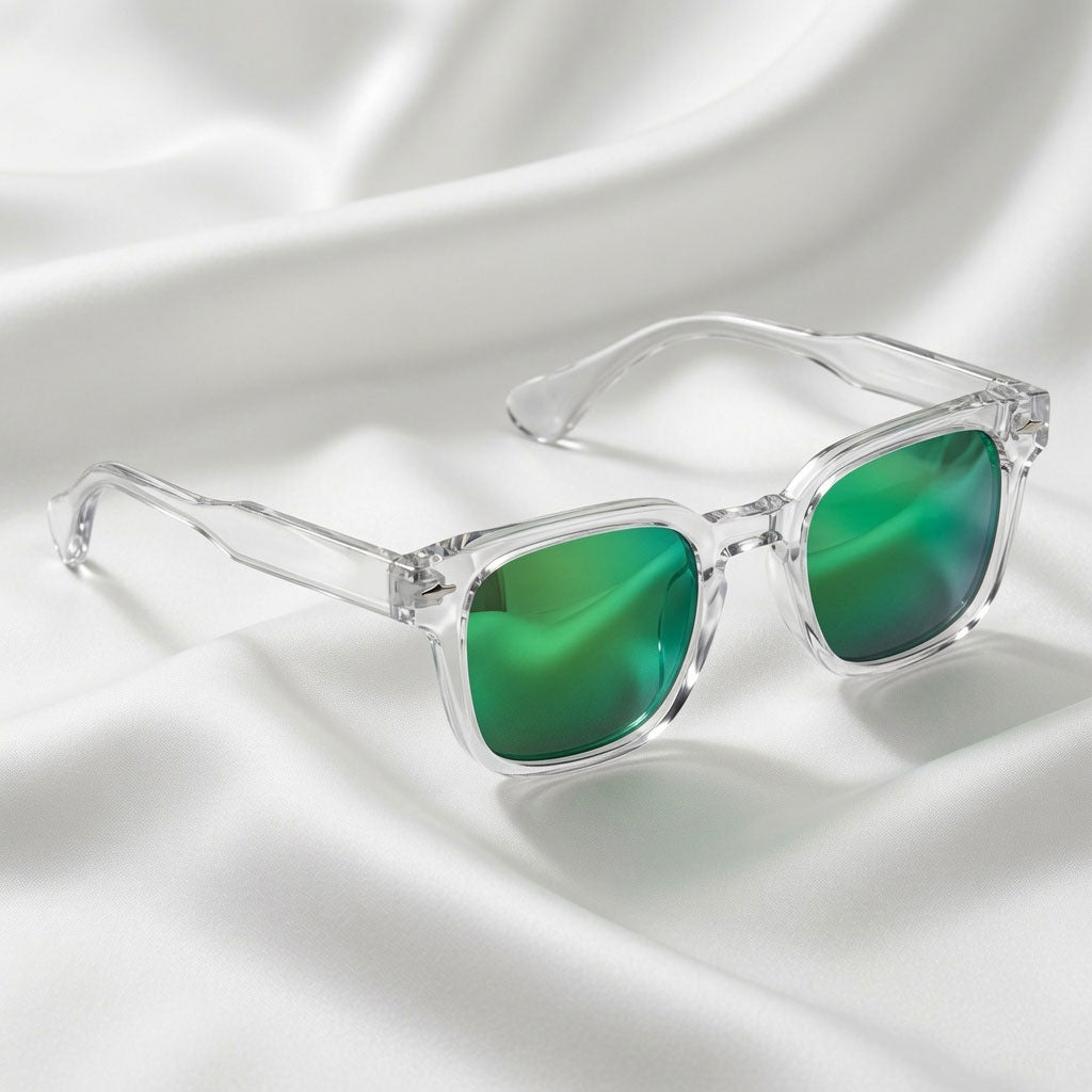 Specsnex x Thicker | Glossy Square Sunglasses | Clear TR90 Frame | Green Mirror 100% UV Lenses