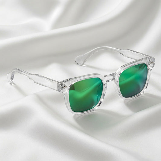 Specsnex x Thicker | Glossy Square Sunglasses | Clear TR90 Frame | Green Mirror 100% UV Lenses