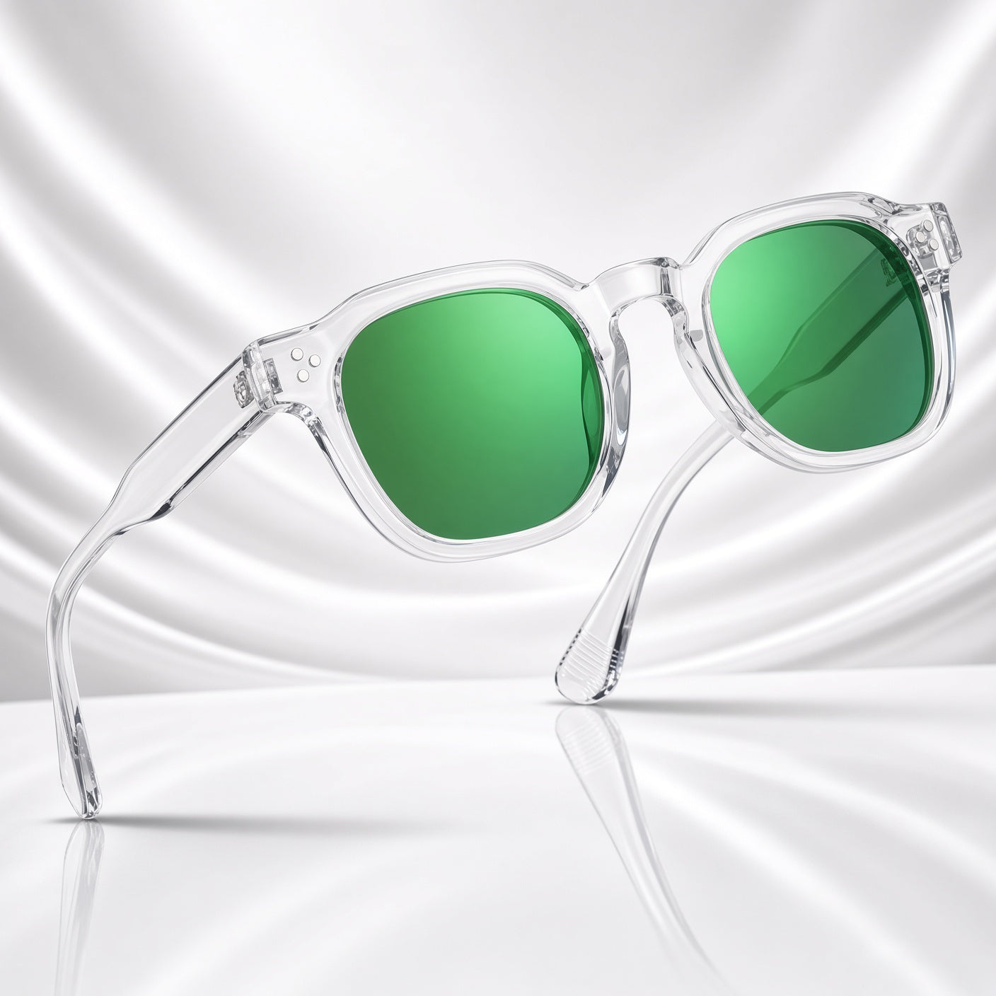 Specsnex x Robust | Glossy Round Sunglasses | Transparent TR90 Frame | Green Mirror 100% UV Lenses