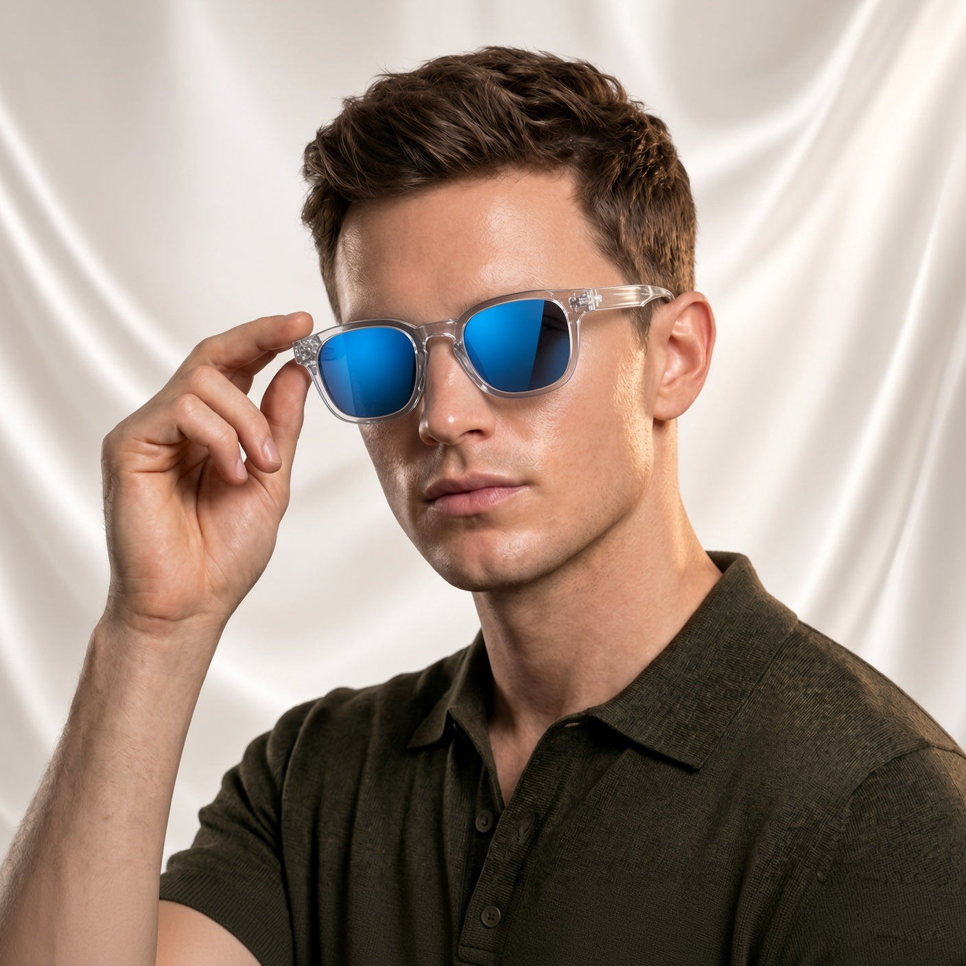 Specsnex x Robust | Glossy Round Sunglasses | Transparent TR90 Frame | Blue Mirror 100% UV Lenses